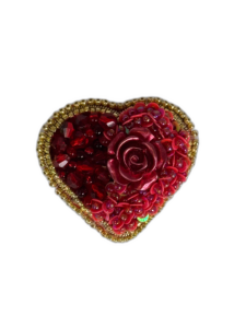 Red Rose Heart Brooch 3D Large, Beaded Heart Pin with Rose Cabochon Sequins, Handmade Romantic Valentine Jewelry — lifestyle photo