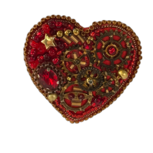 Red Steampunk Heart Brooch with Gears, Clockwork Valentine Pin, Handmade Mechanical Heart Jewelry, Unique Gift — lifestyle photo