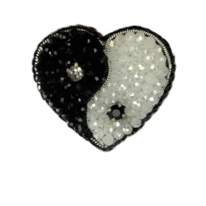 Yin Yang Heart Brooch Small, Black White Balance Pin, Crystal Bead Harmony Heart, Handmade Zen Jewelry Gift — lifestyle photo