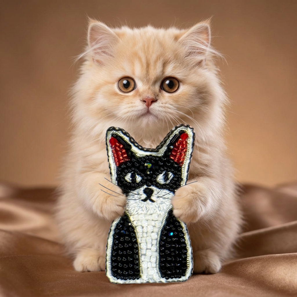 Tuxedo Cat Face Brooch Black White, Beaded Kitten Pin Red Ears, Handmade Embroidered Cat Jewelry, Cat Lover Gift