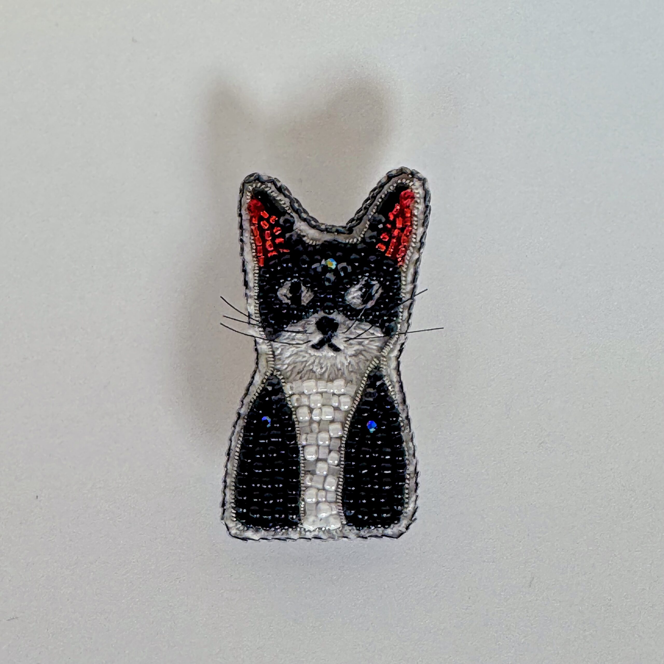 Tuxedo Cat Face Brooch Black White, Beaded Kitten Pin Red Ears, Handmade Embroidered Cat Jewelry, Cat Lover Gift — view 1