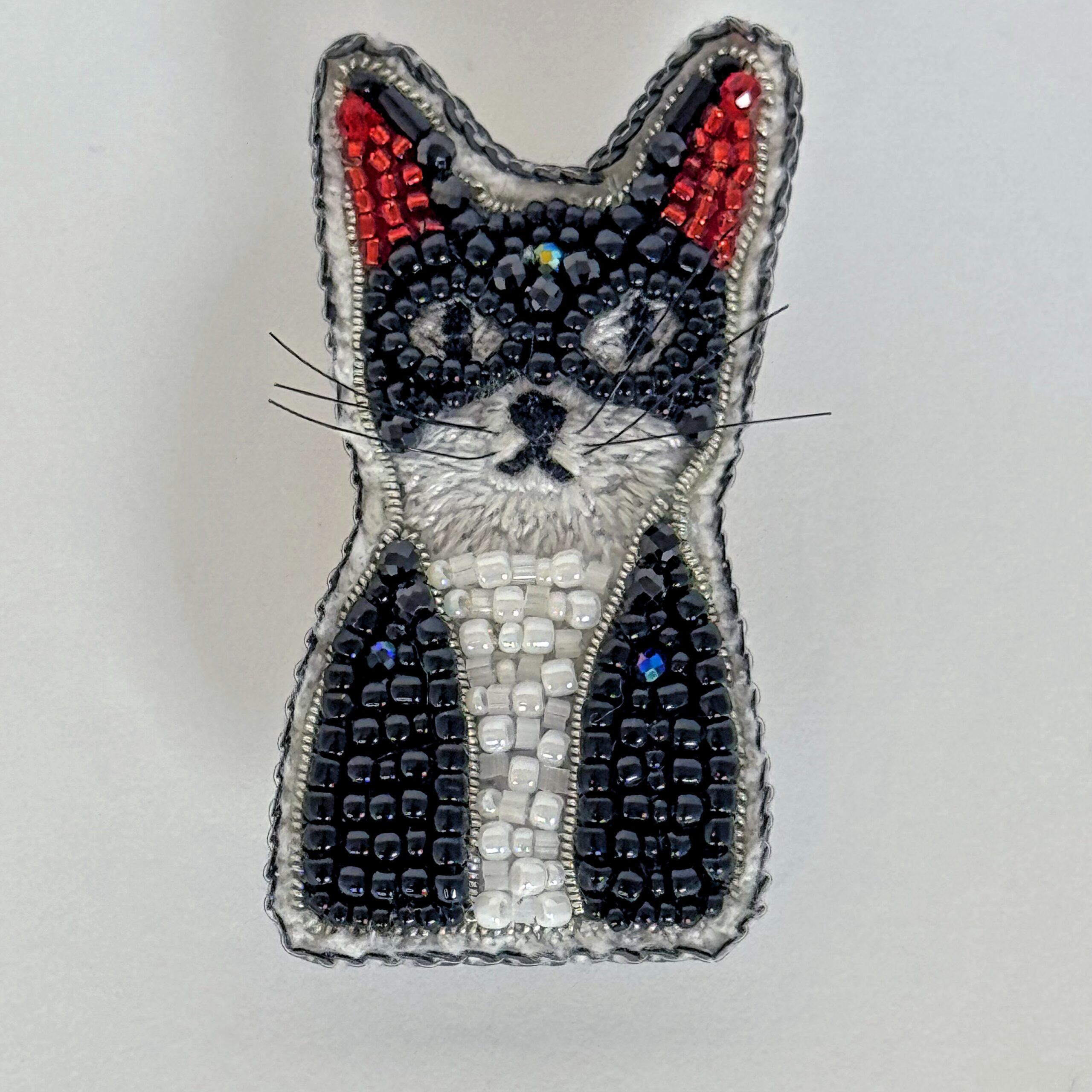Tuxedo Cat Face Brooch Black White, Beaded Kitten Pin Red Ears, Handmade Embroidered Cat Jewelry, Cat Lover Gift — view 2