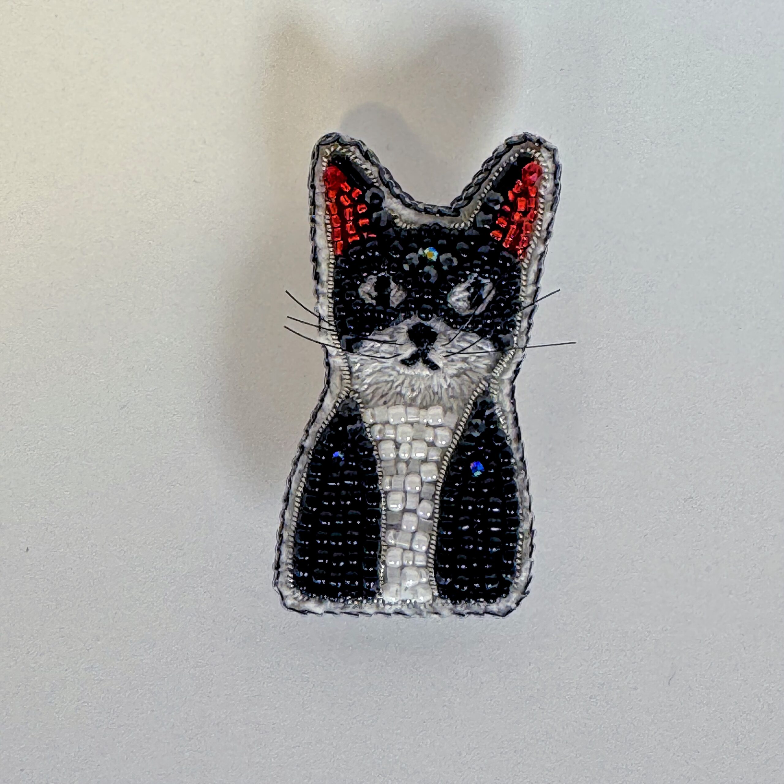 Tuxedo Cat Face Brooch Black White, Beaded Kitten Pin Red Ears, Handmade Embroidered Cat Jewelry, Cat Lover Gift — view 3
