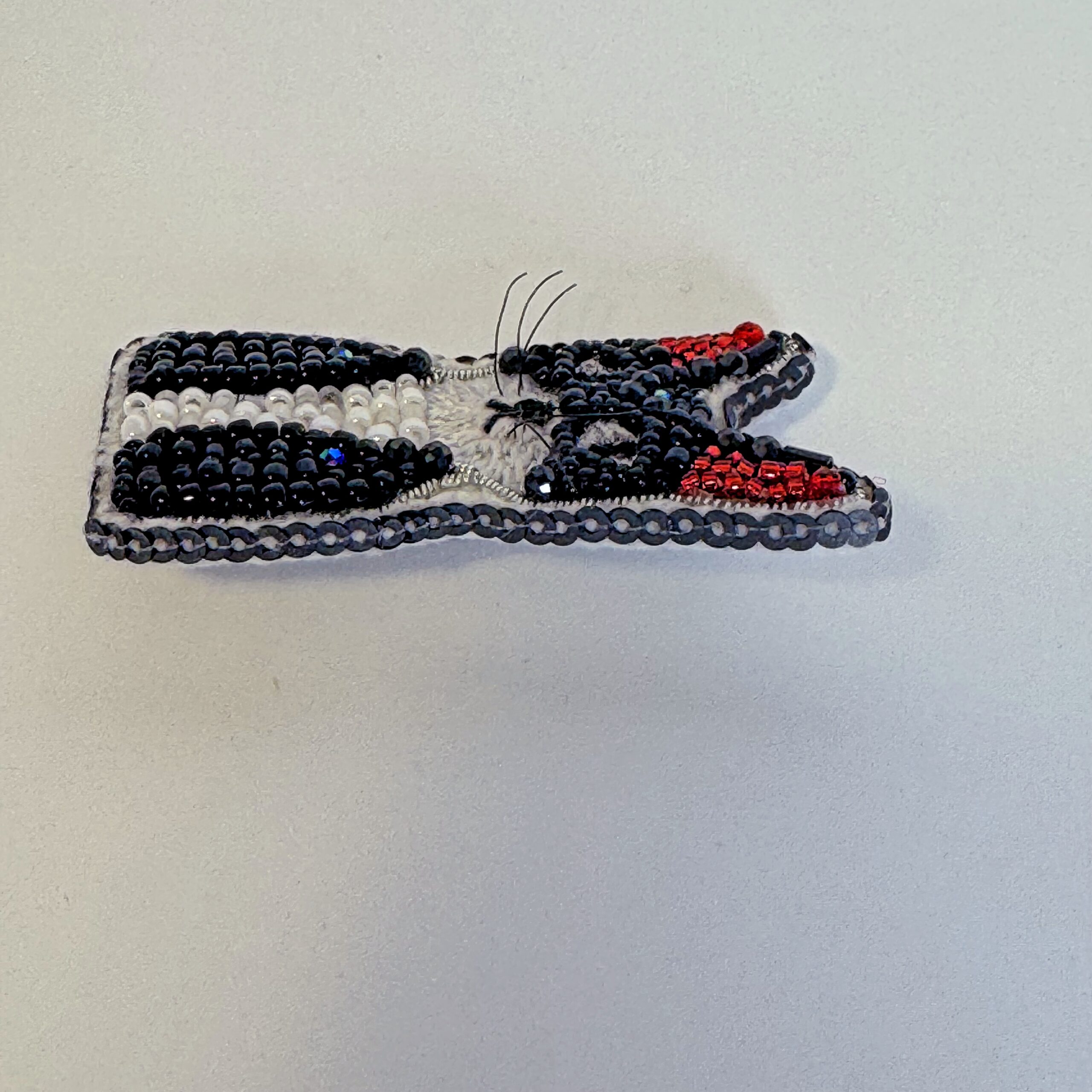 Tuxedo Cat Face Brooch Black White, Beaded Kitten Pin Red Ears, Handmade Embroidered Cat Jewelry, Cat Lover Gift — view 4