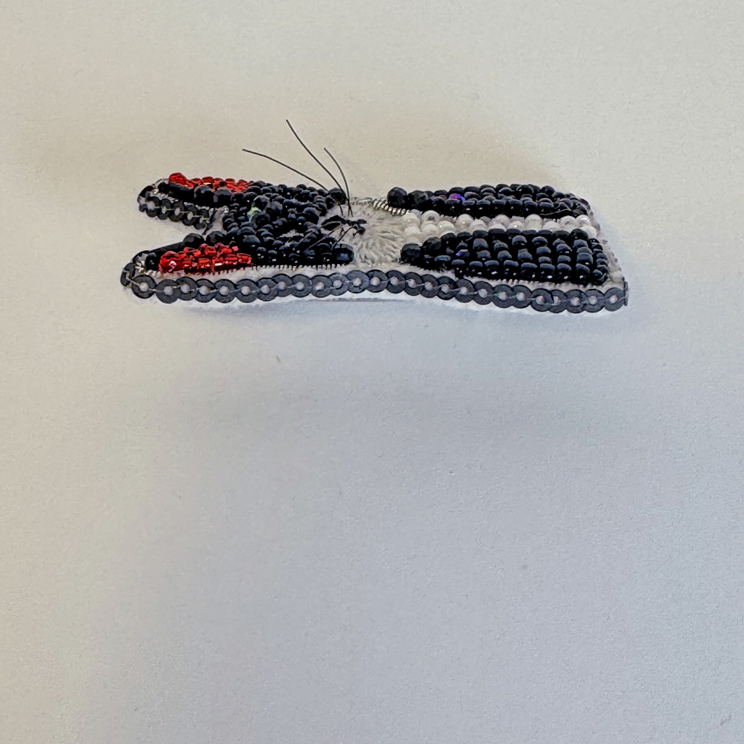 Tuxedo Cat Face Brooch Black White, Beaded Kitten Pin Red Ears, Handmade Embroidered Cat Jewelry, Cat Lover Gift — view 5