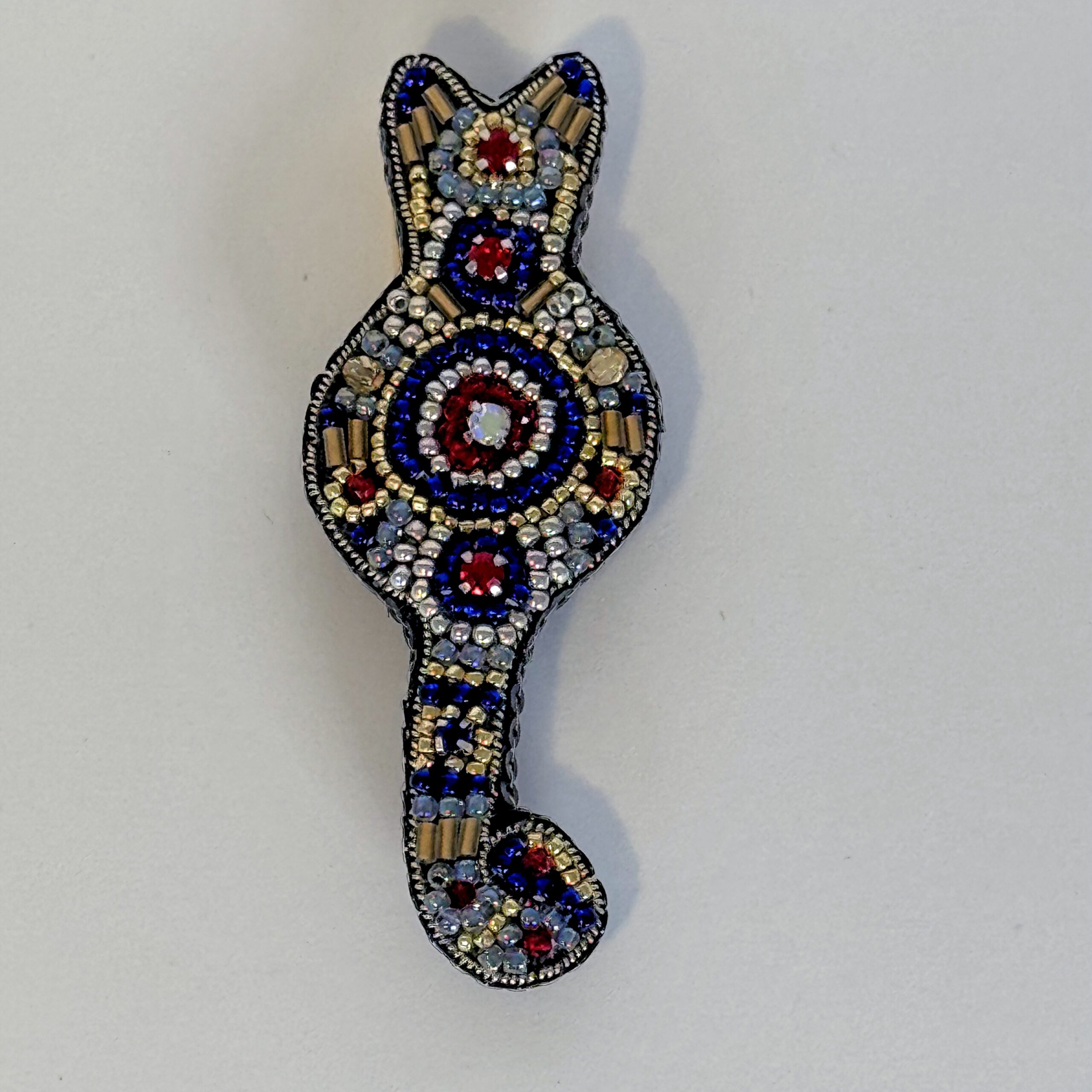Royal Blue and Gold Cat Brooch, Beaded Animal Pin with Red Rhinestone, Whimsical Cat Lover Gift, Handmade Embroidered Jewelry, P.S. Jewelry — view 2