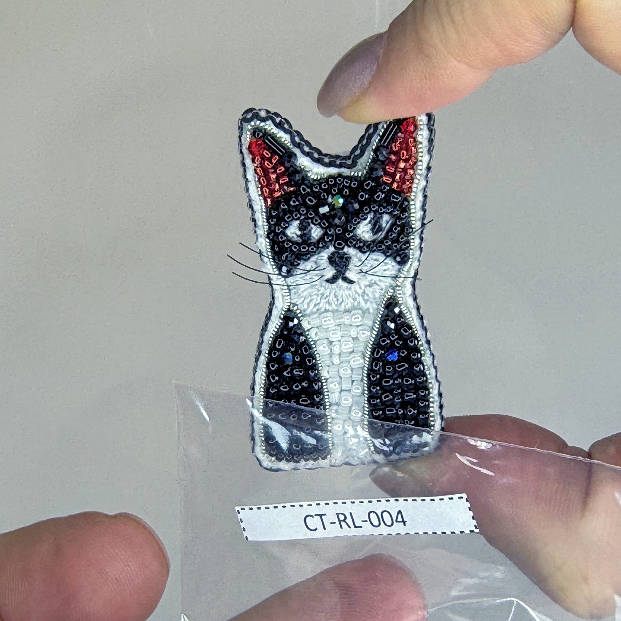 Tuxedo Cat Face Brooch Black White, Beaded Kitten Pin Red Ears, Handmade Embroidered Cat Jewelry, Cat Lover Gift — view 6