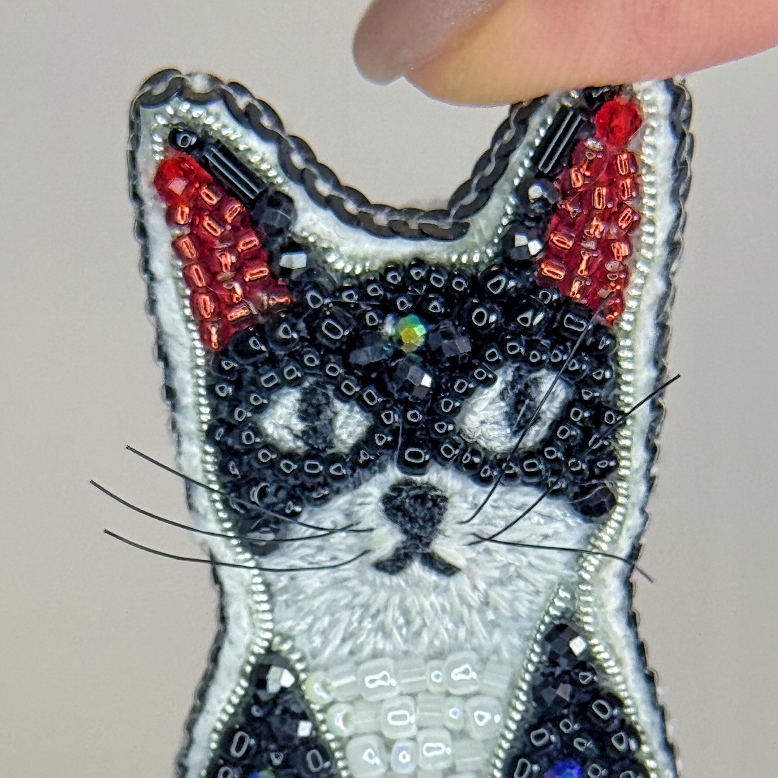 Tuxedo Cat Face Brooch Black White, Beaded Kitten Pin Red Ears, Handmade Embroidered Cat Jewelry, Cat Lover Gift — view 9