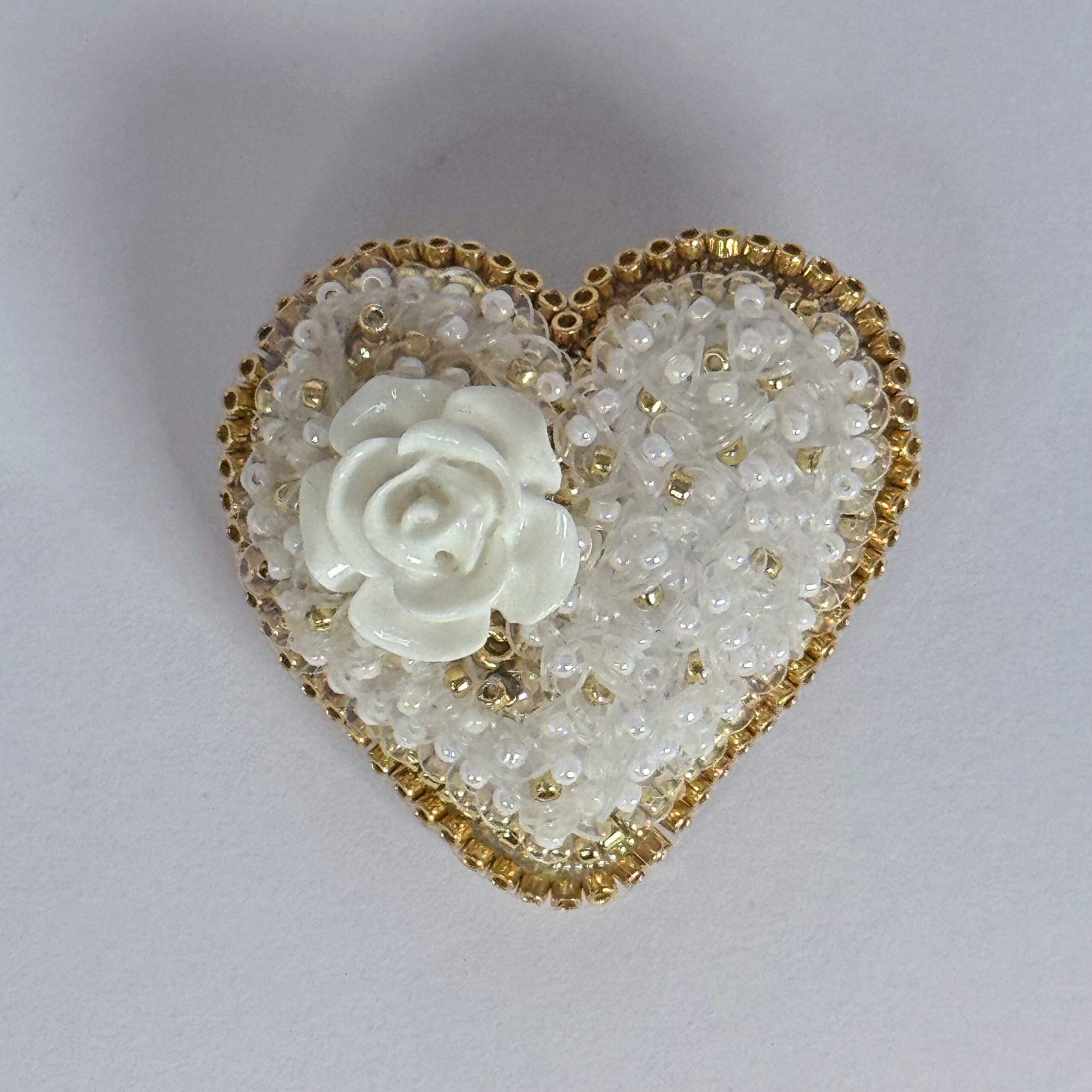 White Rose Heart Brooch Gold Border, Elegant Ivory Beaded Heart Pin, Handmade Bridal Jewelry, Romantic Wedding Gift — view 1