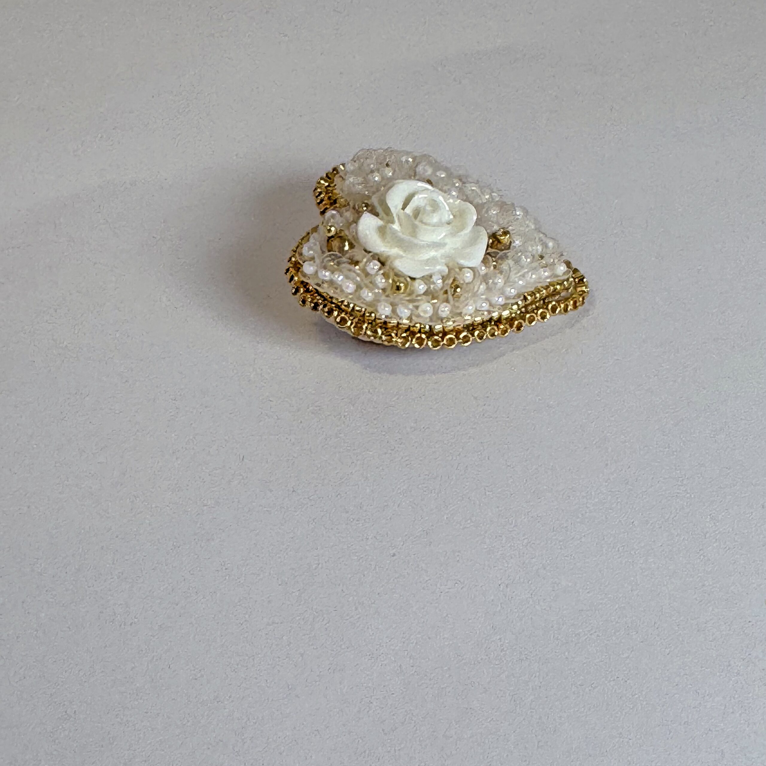 White Rose Heart Brooch Gold Border, Elegant Ivory Beaded Heart Pin, Handmade Bridal Jewelry, Romantic Wedding Gift — view 2