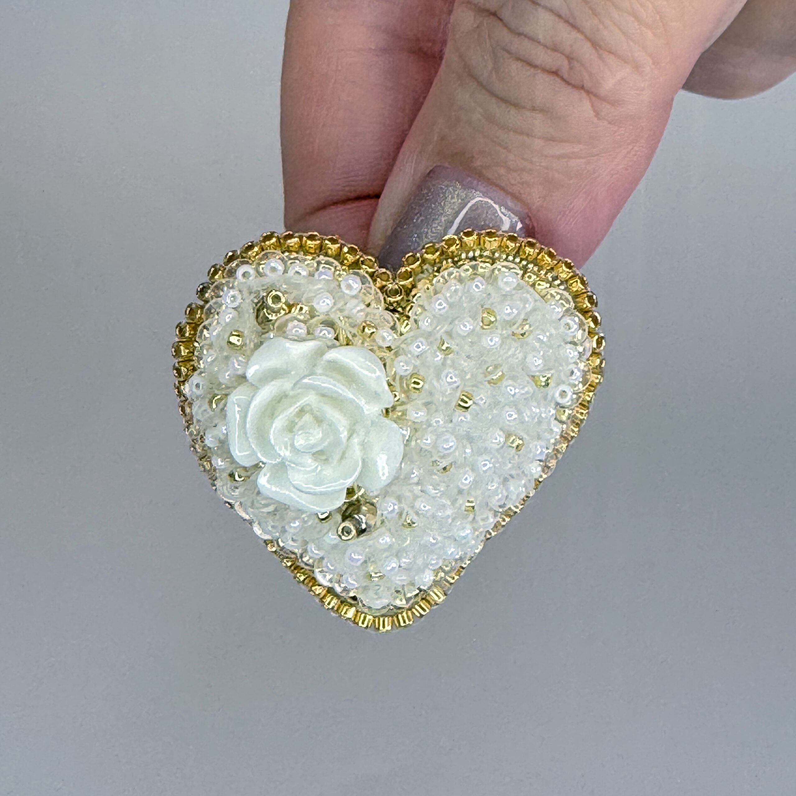 White Rose Heart Brooch Gold Border, Elegant Ivory Beaded Heart Pin, Handmade Bridal Jewelry, Romantic Wedding Gift — view 5