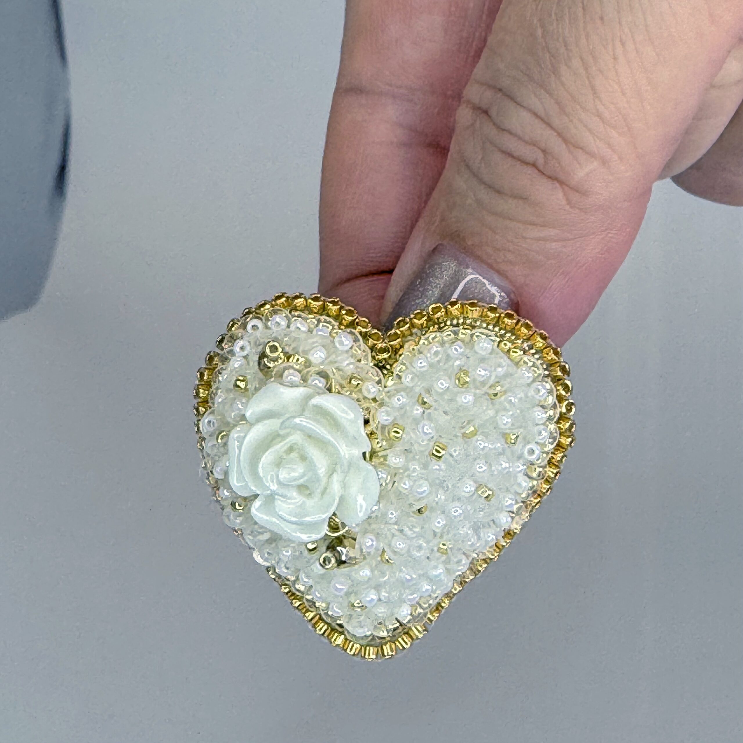 White Rose Heart Brooch Gold Border, Elegant Ivory Beaded Heart Pin, Handmade Bridal Jewelry, Romantic Wedding Gift — view 6