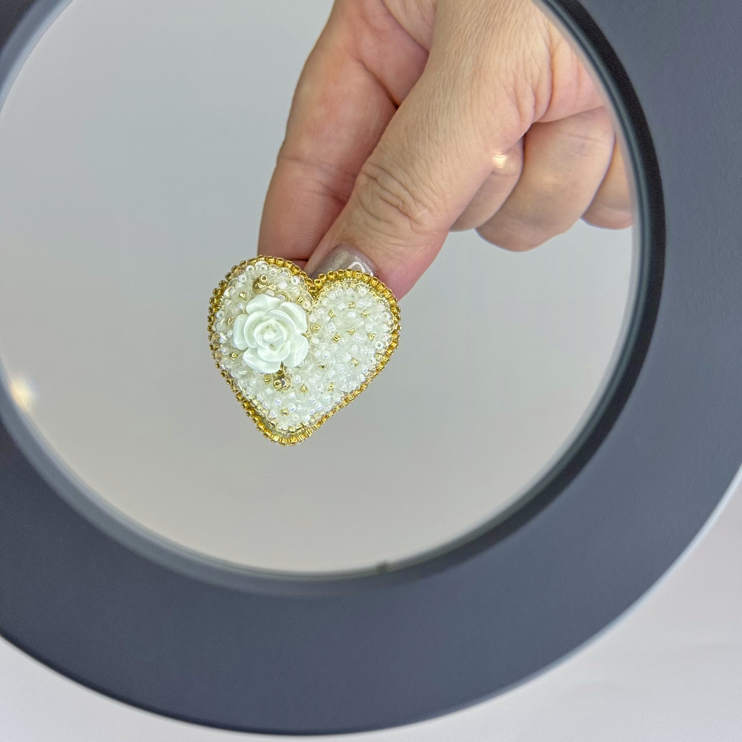 White Rose Heart Brooch Gold Border, Elegant Ivory Beaded Heart Pin, Handmade Bridal Jewelry, Romantic Wedding Gift — view 7