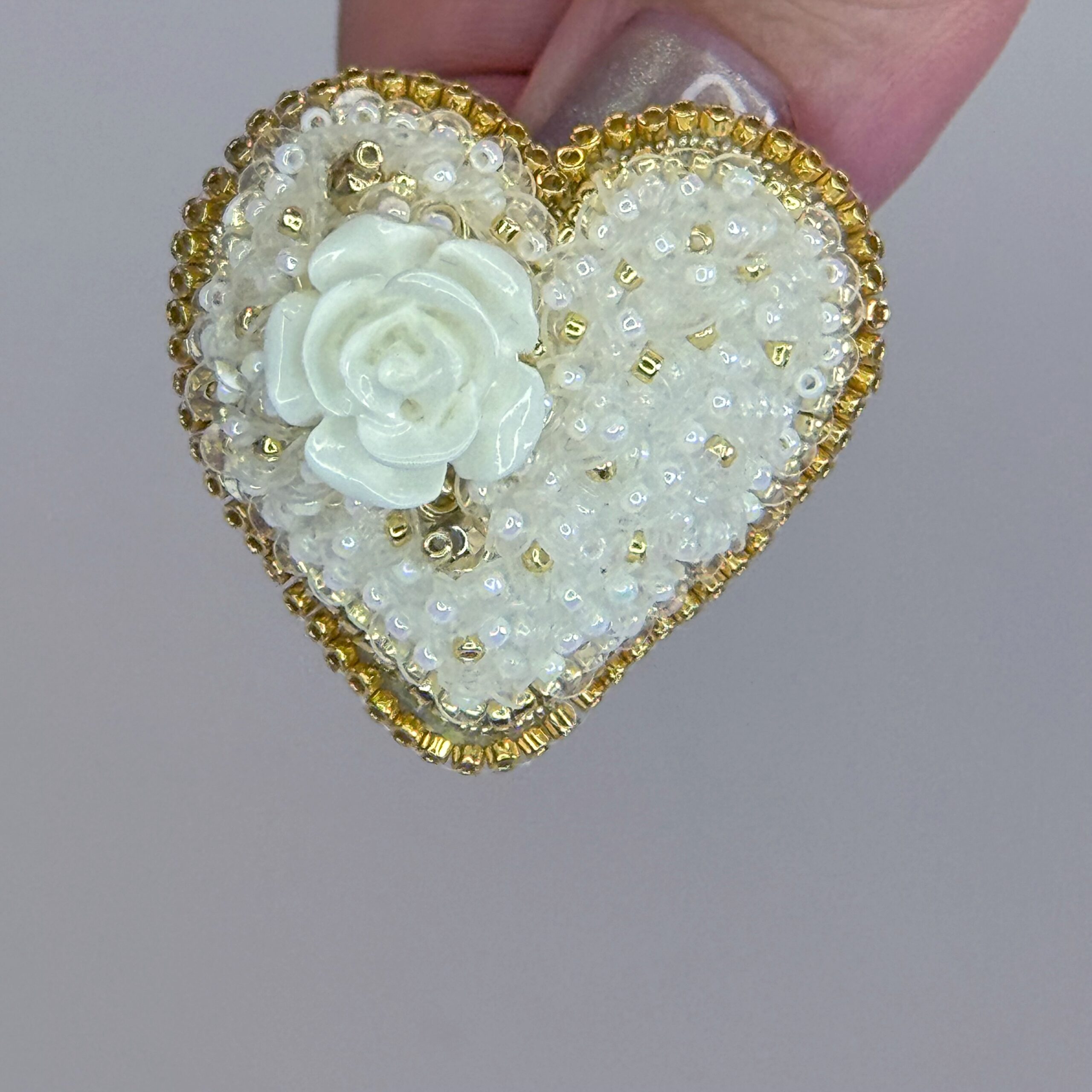 White Rose Heart Brooch Gold Border, Elegant Ivory Beaded Heart Pin, Handmade Bridal Jewelry, Romantic Wedding Gift — view 8