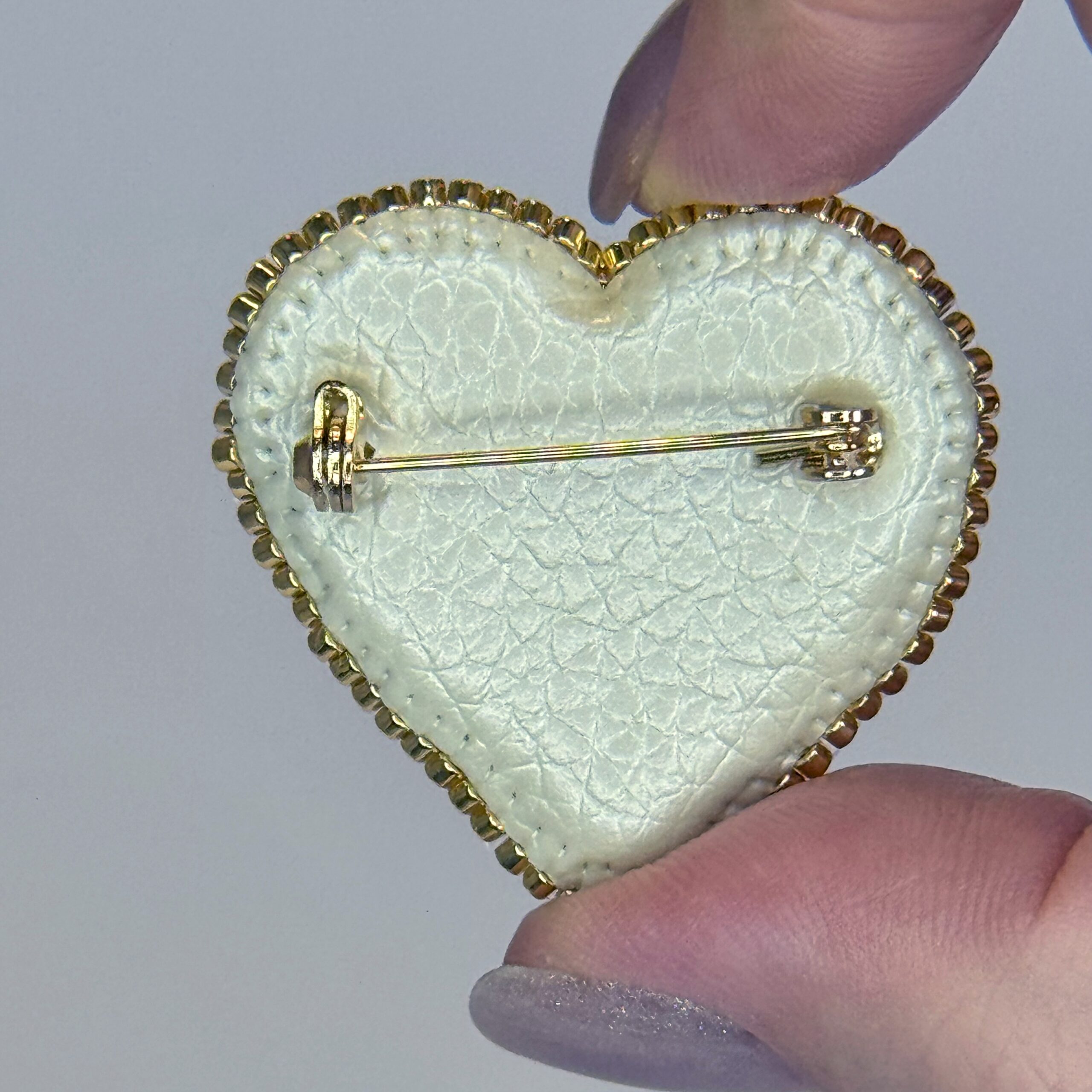 White Rose Heart Brooch Gold Border, Elegant Ivory Beaded Heart Pin, Handmade Bridal Jewelry, Romantic Wedding Gift — view 9