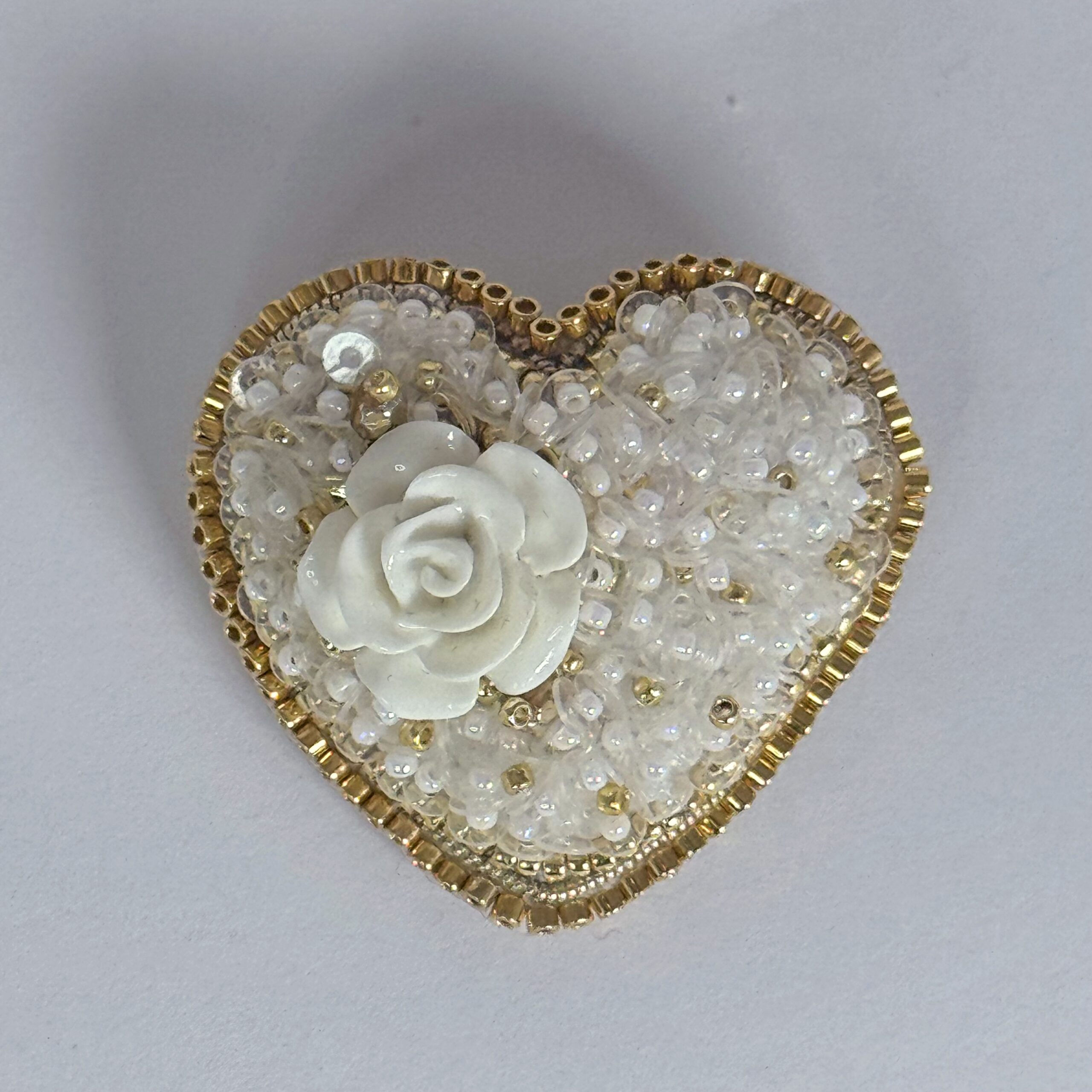 White Gold Heart Brooch with Rose Full Beaded, Ivory Heart Pin Elegant, Handmade Bridal Jewelry, Romantic Wedding Gift — view 1
