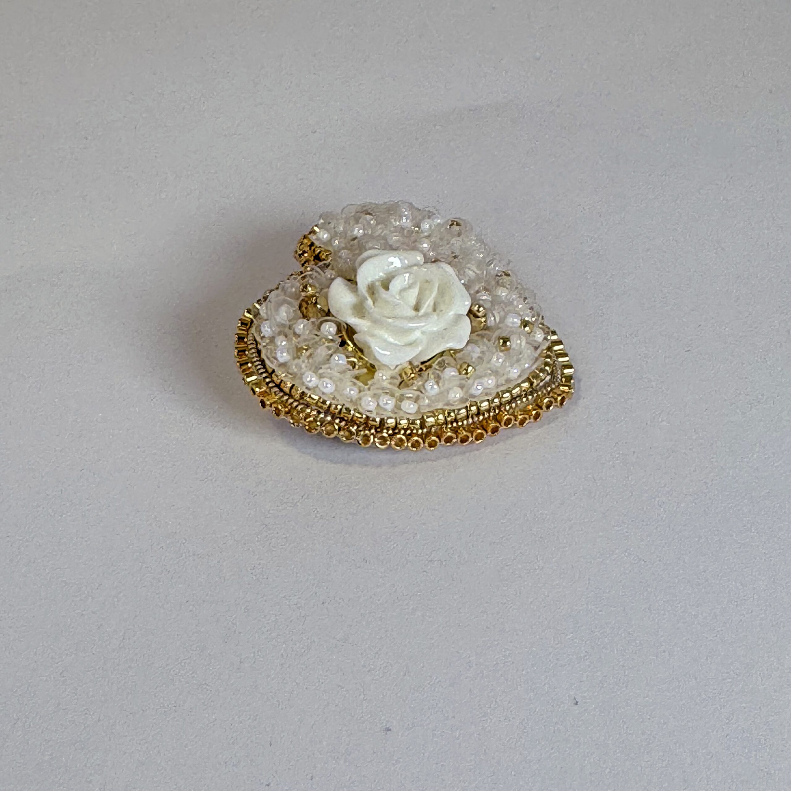 White Gold Heart Brooch with Rose Full Beaded, Ivory Heart Pin Elegant, Handmade Bridal Jewelry, Romantic Wedding Gift — view 2