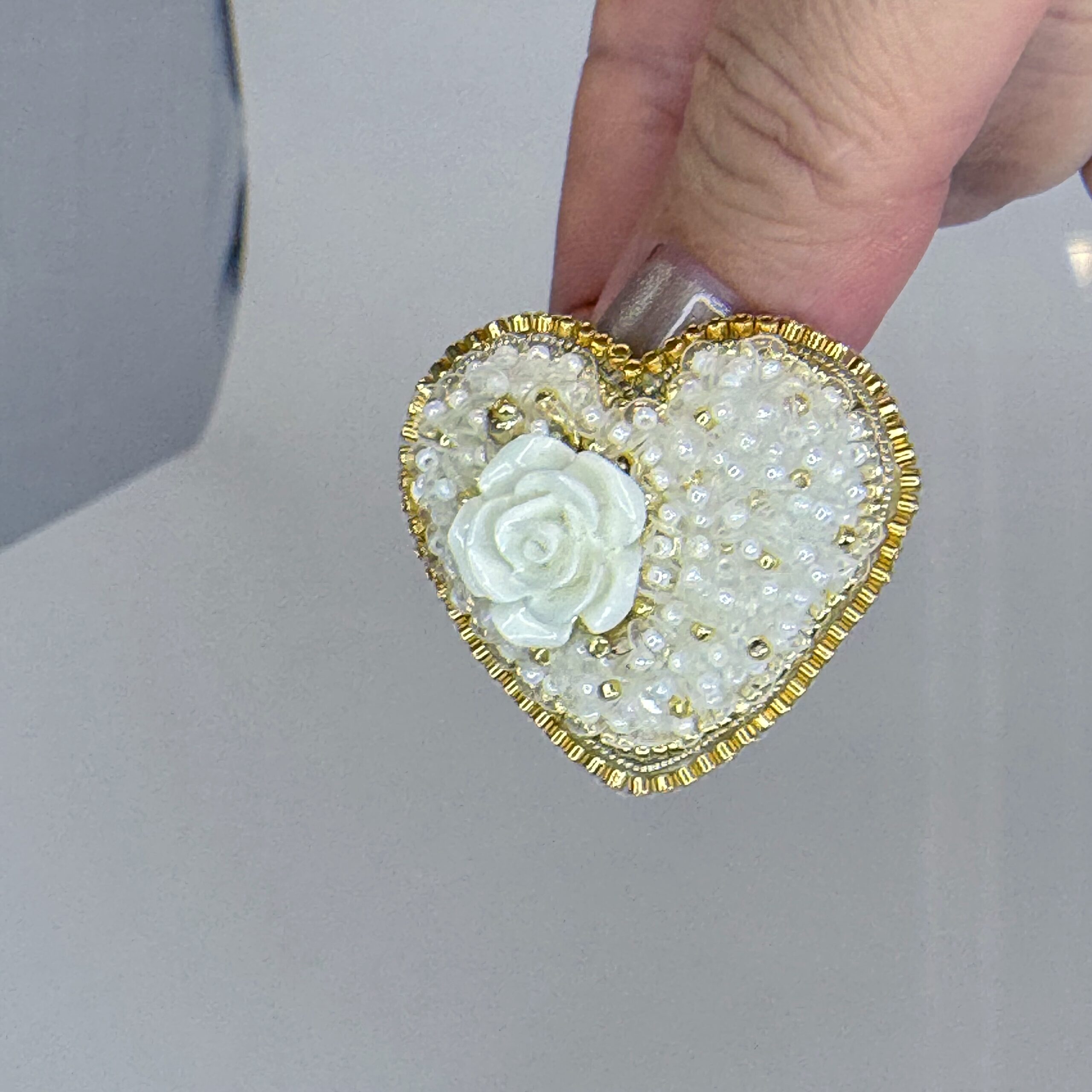 White Gold Heart Brooch with Rose Full Beaded, Ivory Heart Pin Elegant, Handmade Bridal Jewelry, Romantic Wedding Gift — view 4