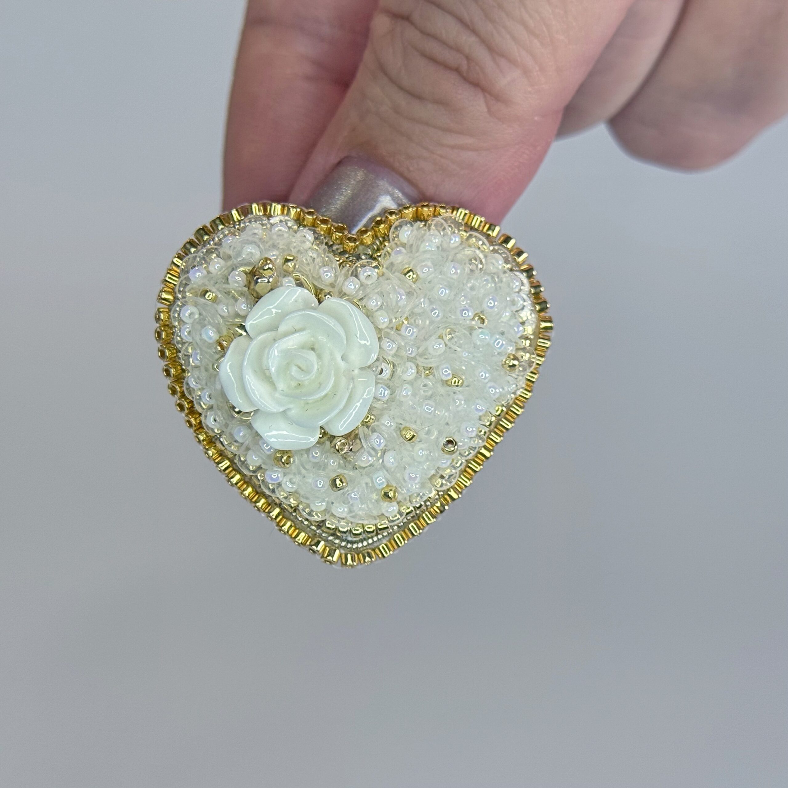 White Gold Heart Brooch with Rose Full Beaded, Ivory Heart Pin Elegant, Handmade Bridal Jewelry, Romantic Wedding Gift — view 5