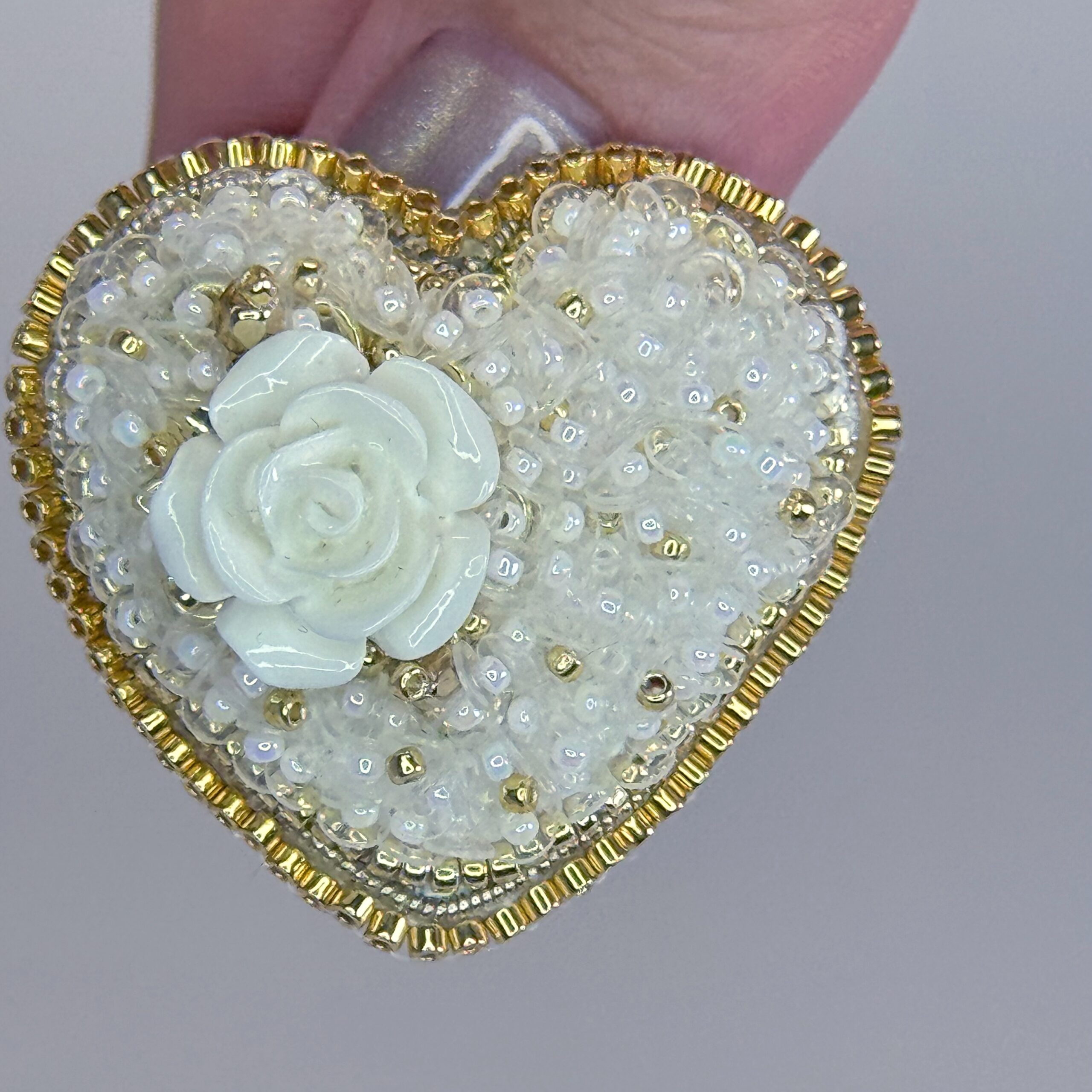 White Gold Heart Brooch with Rose Full Beaded, Ivory Heart Pin Elegant, Handmade Bridal Jewelry, Romantic Wedding Gift — view 6
