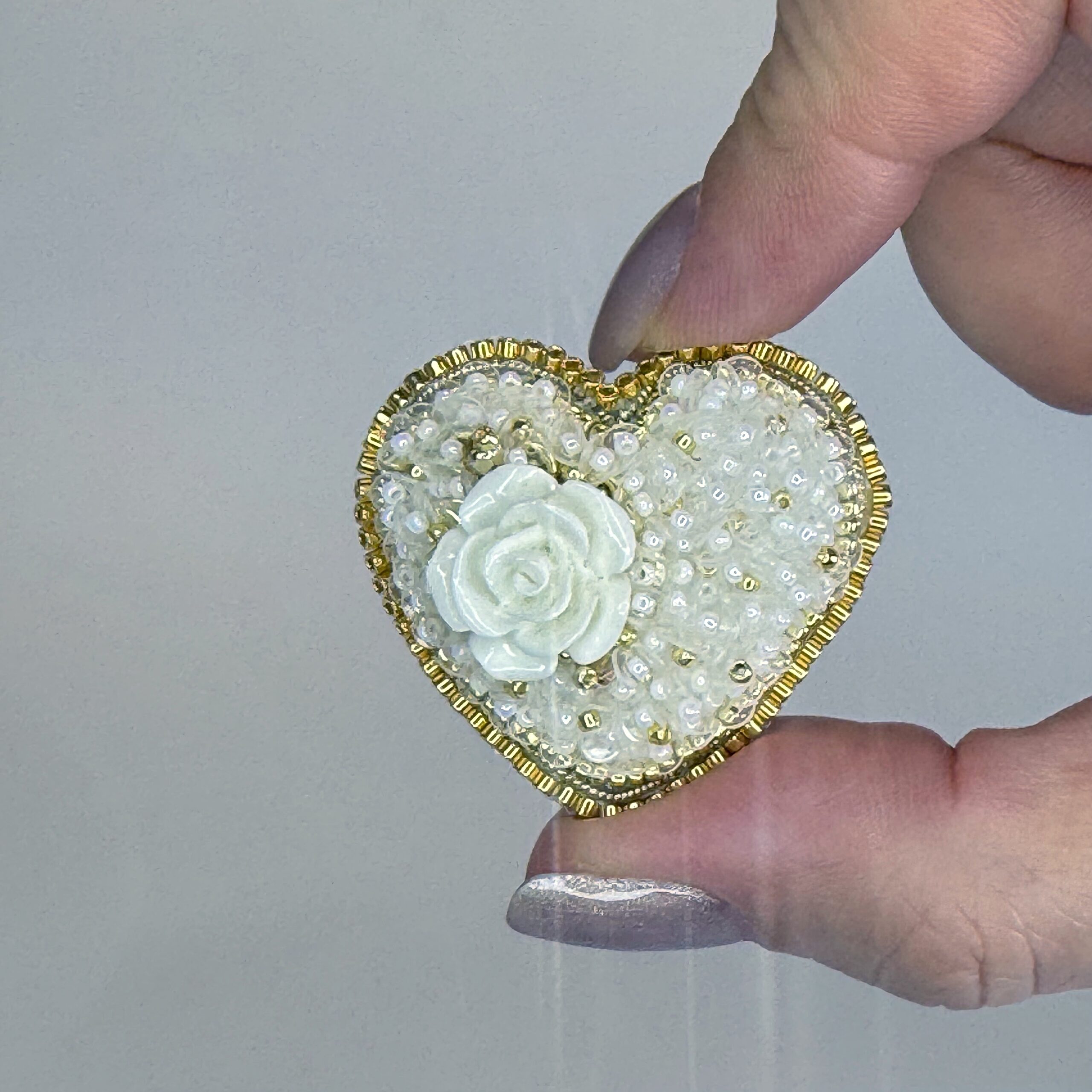 White Gold Heart Brooch with Rose Full Beaded, Ivory Heart Pin Elegant, Handmade Bridal Jewelry, Romantic Wedding Gift — view 7