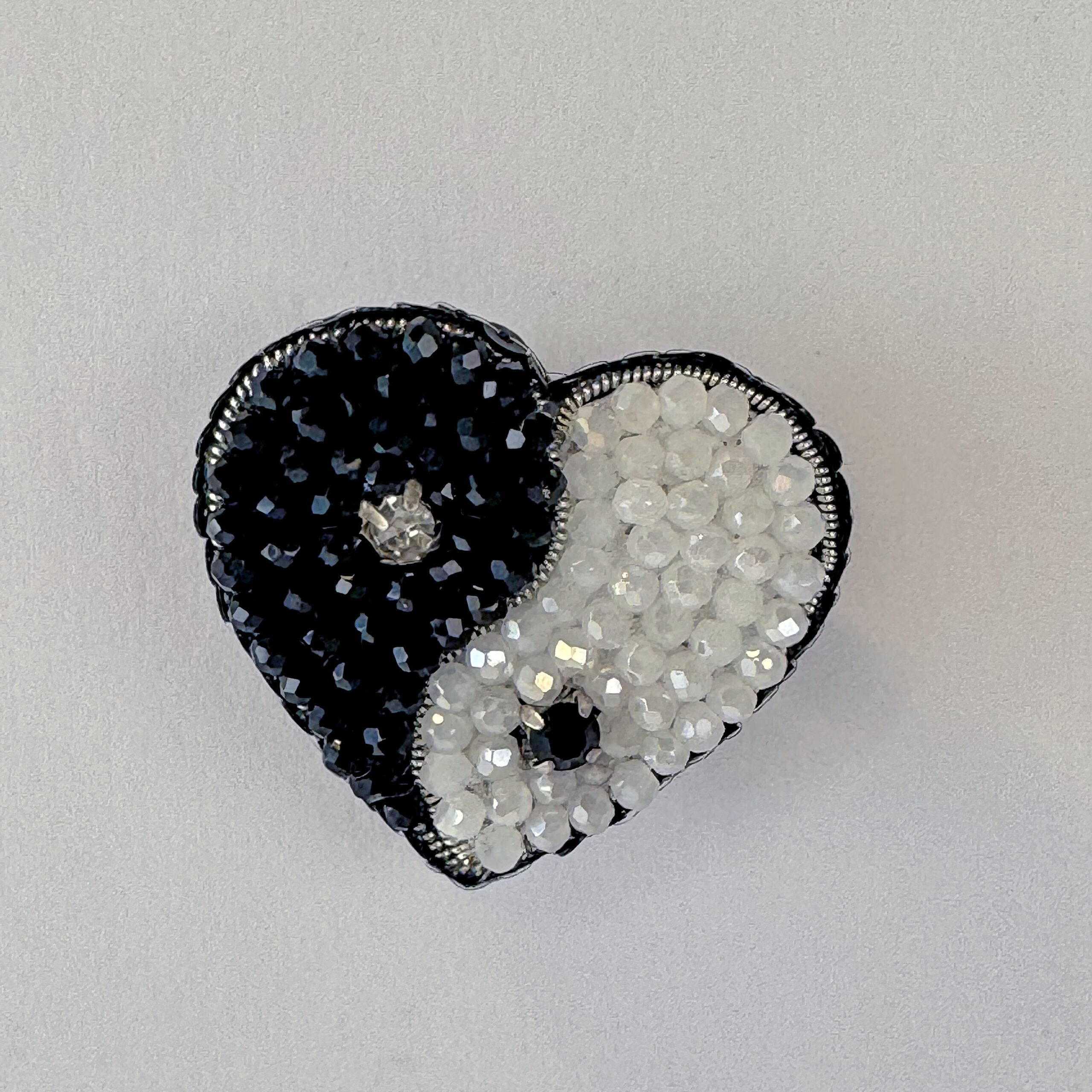 Yin Yang Heart Brooch Small, Black White Balance Pin, Crystal Bead Harmony Heart, Handmade Zen Jewelry Gift — view 1