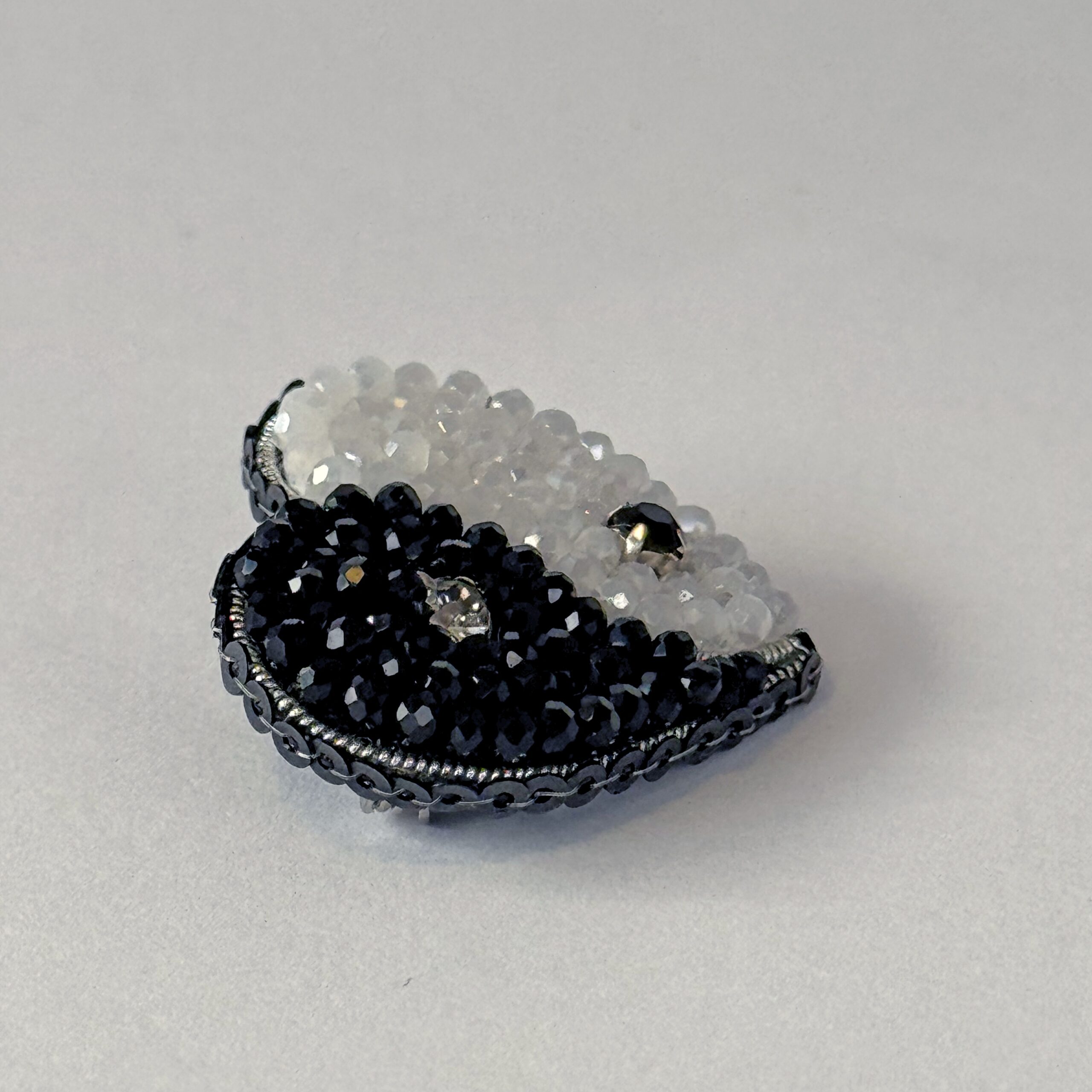 Yin Yang Heart Brooch Small, Black White Balance Pin, Crystal Bead Harmony Heart, Handmade Zen Jewelry Gift — view 2