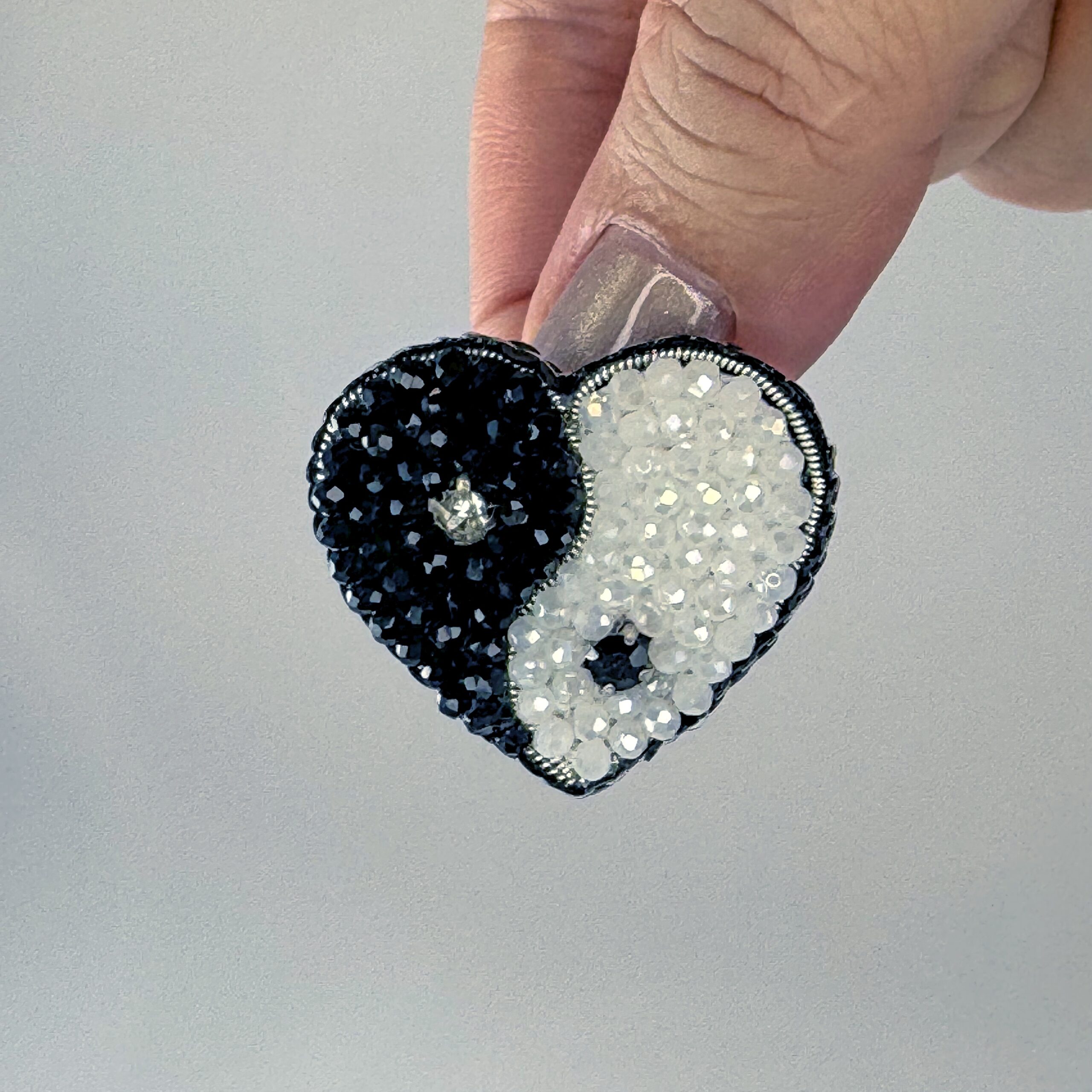 Yin Yang Heart Brooch Small, Black White Balance Pin, Crystal Bead Harmony Heart, Handmade Zen Jewelry Gift — view 3
