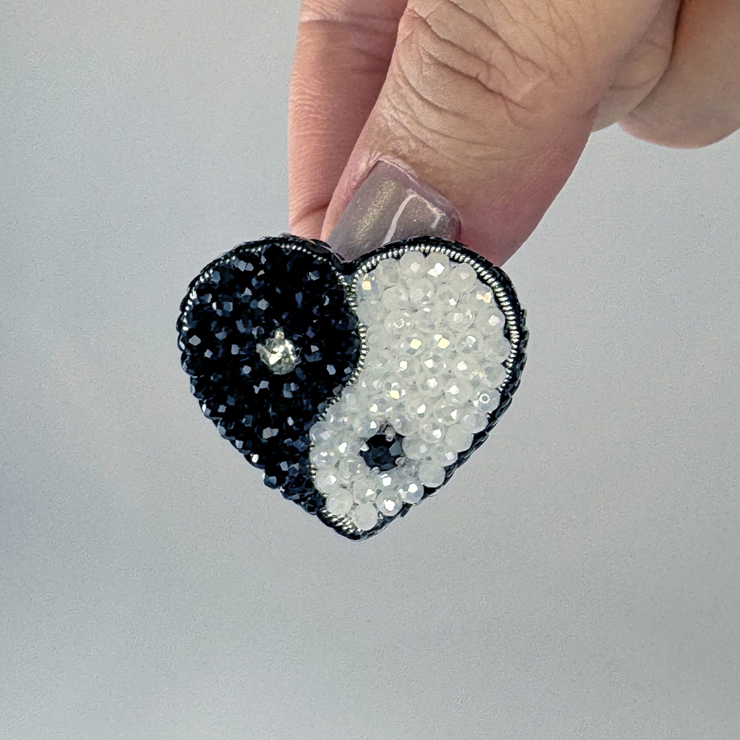 Yin Yang Heart Brooch Small, Black White Balance Pin, Crystal Bead Harmony Heart, Handmade Zen Jewelry Gift — view 4