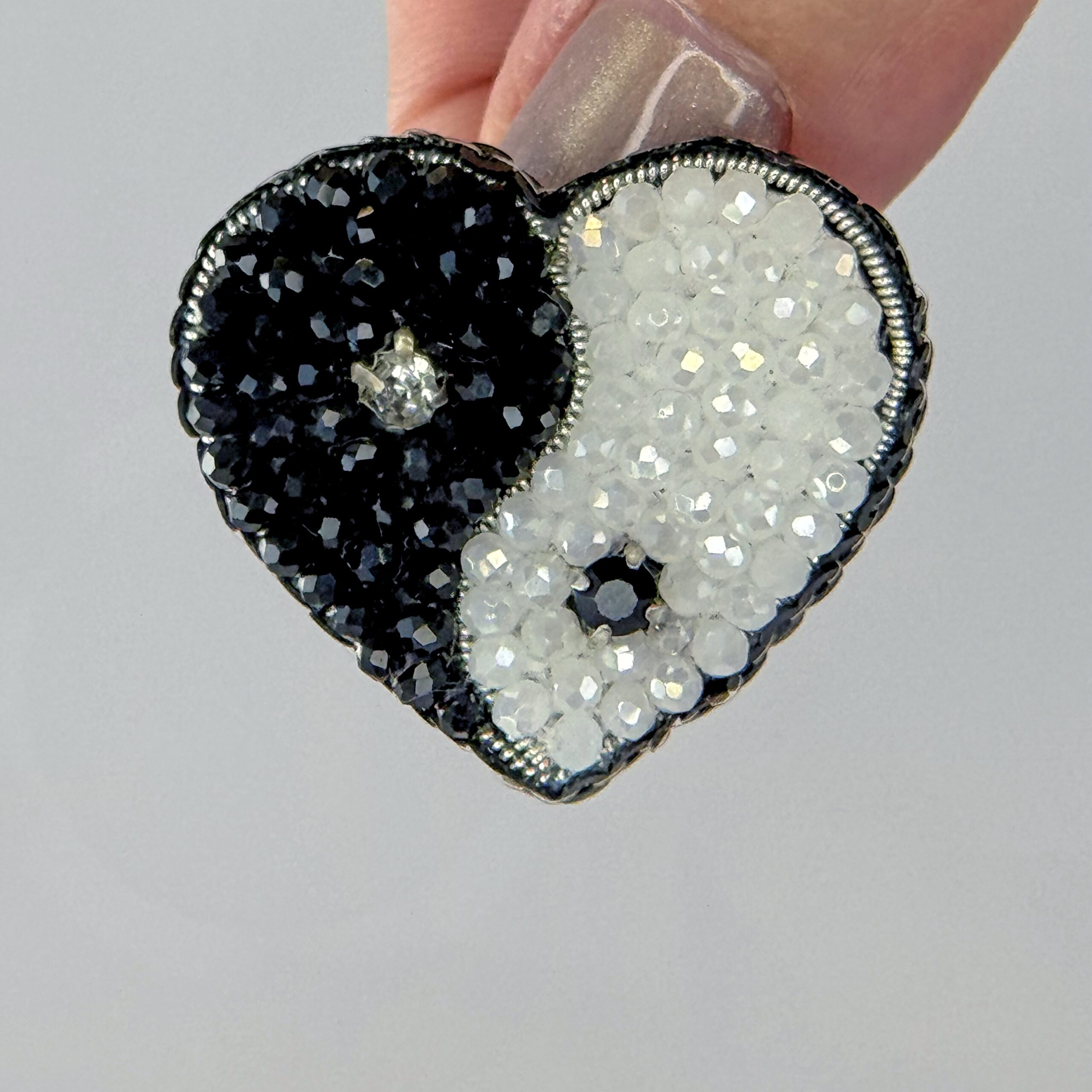 Yin Yang Heart Brooch Small, Black White Balance Pin, Crystal Bead Harmony Heart, Handmade Zen Jewelry Gift — view 5
