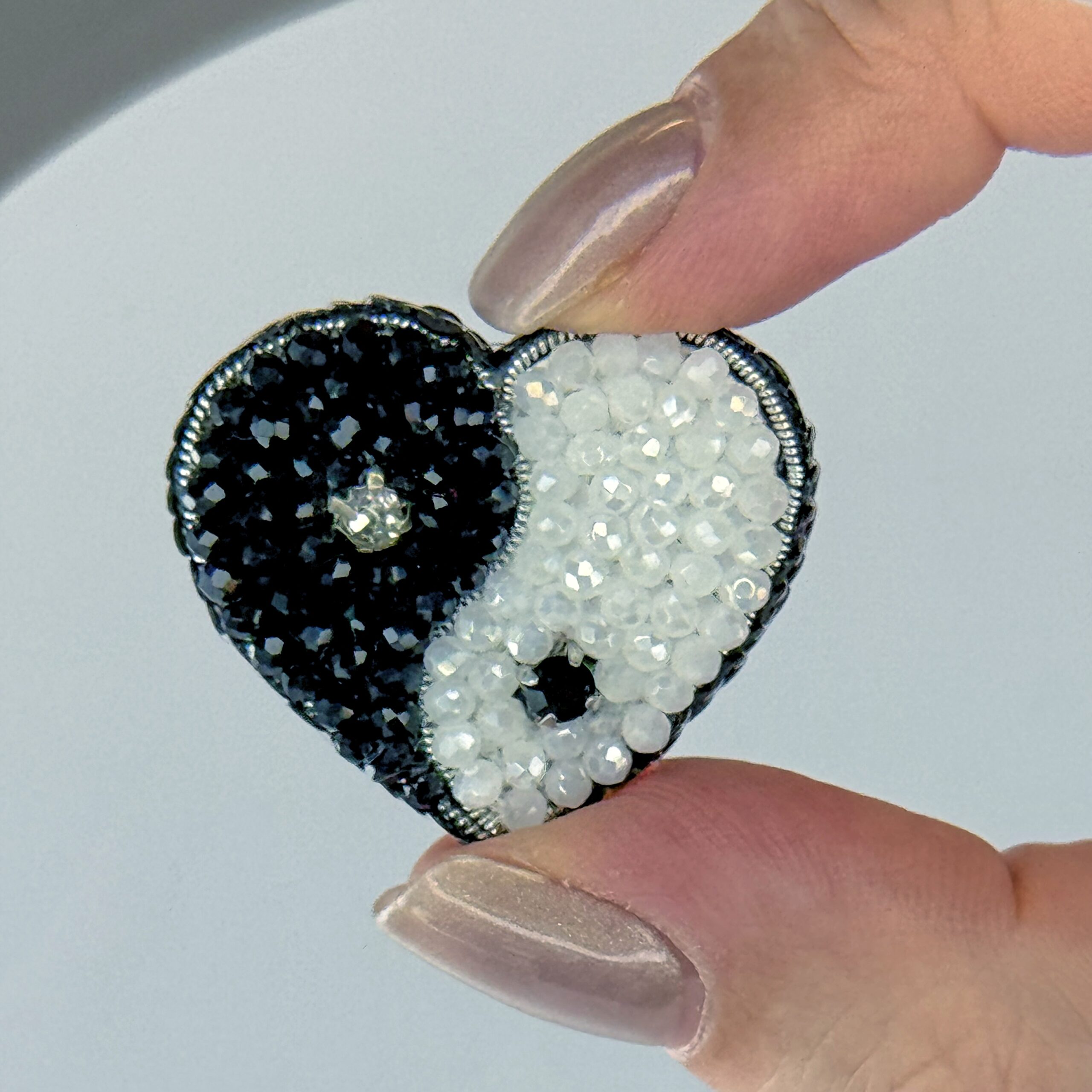 Yin Yang Heart Brooch Small, Black White Balance Pin, Crystal Bead Harmony Heart, Handmade Zen Jewelry Gift — view 7