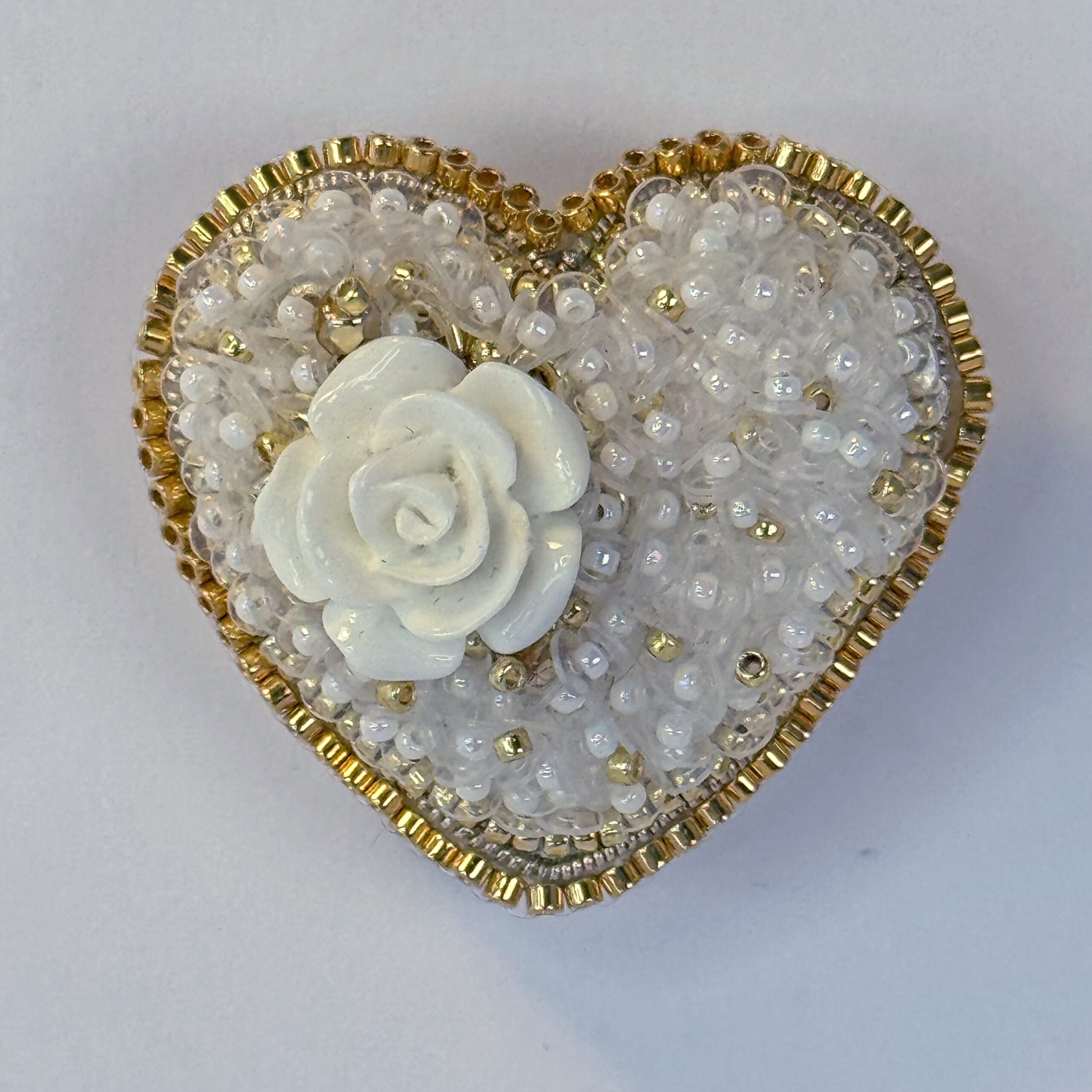 White Gold Heart Brooch with Rose Full Beaded, Ivory Heart Pin Elegant, Handmade Bridal Jewelry, Romantic Wedding Gift — view 10